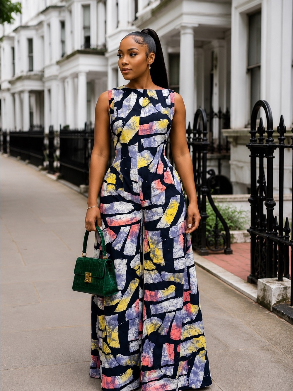 Halter-Neck Wide-Leg Jumpsuit in Rust Multi Print - Picture 4 of 15